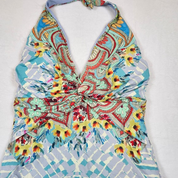 Johnny Was Floral Geometric Twist Front Halter One Piece Swimsuit Blue XL - Picture 3 of 6